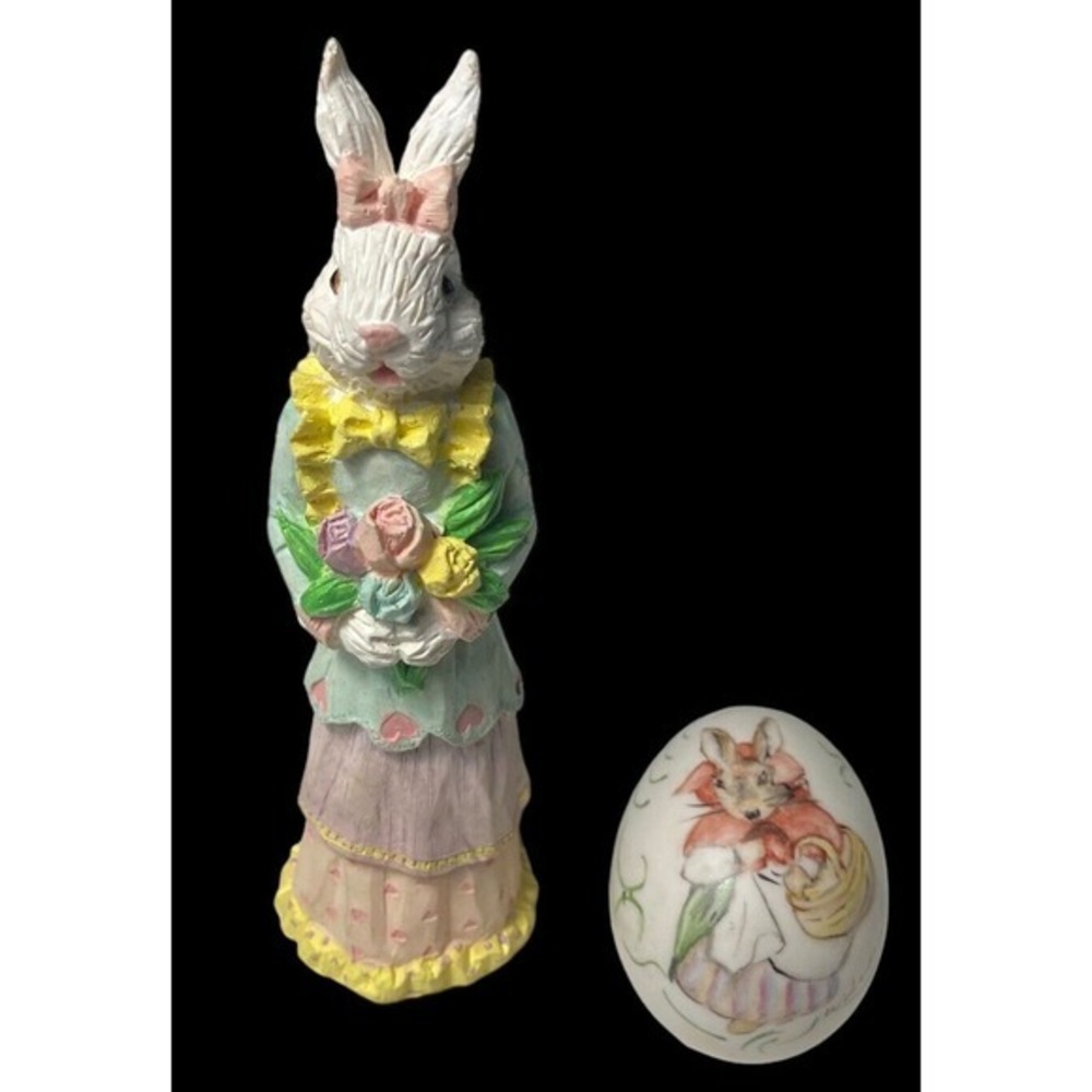 1992 Easter Bunny 6” figurine & Hand Painted Easter Bunny 2.25”White Ceramic Egg